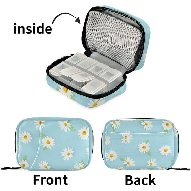 Pill Organizer 7-Day Travel Pill Box Bag Blue Daisy Pattern Daily Pill Case  with Zipper Portable Suitable,Vitamin Supplement Holder 