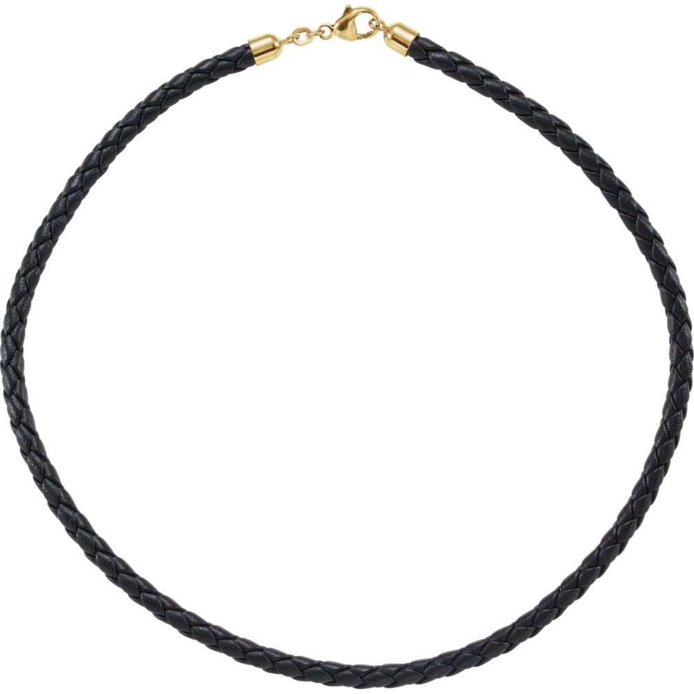 14k Yellow Gold Blk Braided Leather Cord Necklace 16 In Pendant Necklace for Women - 2.3 Grams
