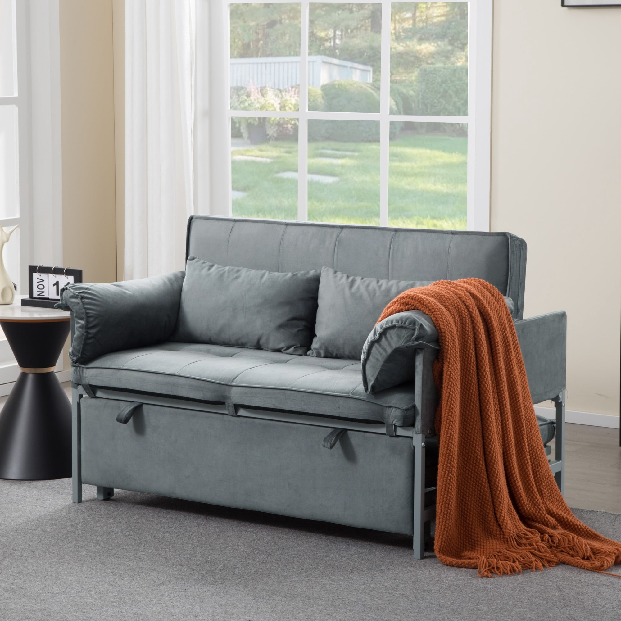 BSHTI 46" Velvet Pull-Out Sleeper Sofa Bed with Adjustable Back, Metal Frame, 2 Pillows for Living Room（Grey）