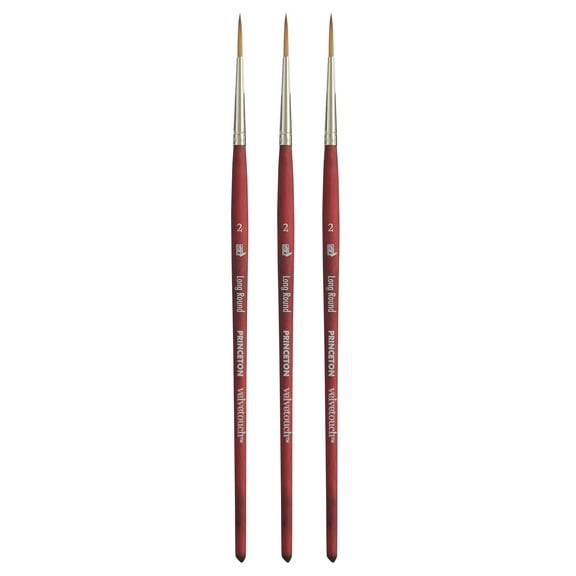 Princeton Velvetouch Long Round Brush, Synthetic Bristles, Short Handle Mixed Media Paintbrush, Scarlet, Size 2, Pack of 3