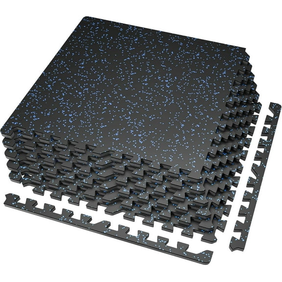 0.56'' Thick 6 Pcs 24 Sq Ft Rubber Top Exercise Equipment Mats, High Density EVA Foam Mats with Rubber Top, Interlocking Gym Flooring for Home Gym, Protective Workout Mat, Black/Blue