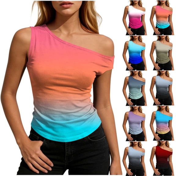 Antinious Ladies Off Shoulder Sleeveless Gradient Casual Soft Summer Daily Tank Tops