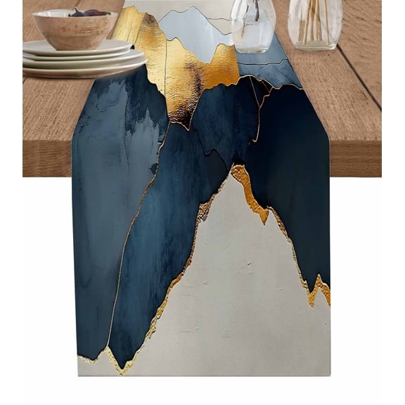 Boanket Blue Gold Mountain Table Runner - 72 Inch Long, Kitchen Dining Table Runner Dresser Scarves, Country Abstract Marble Texture Farmhouse Decor for Coffee Tables Wedding Party Banquet