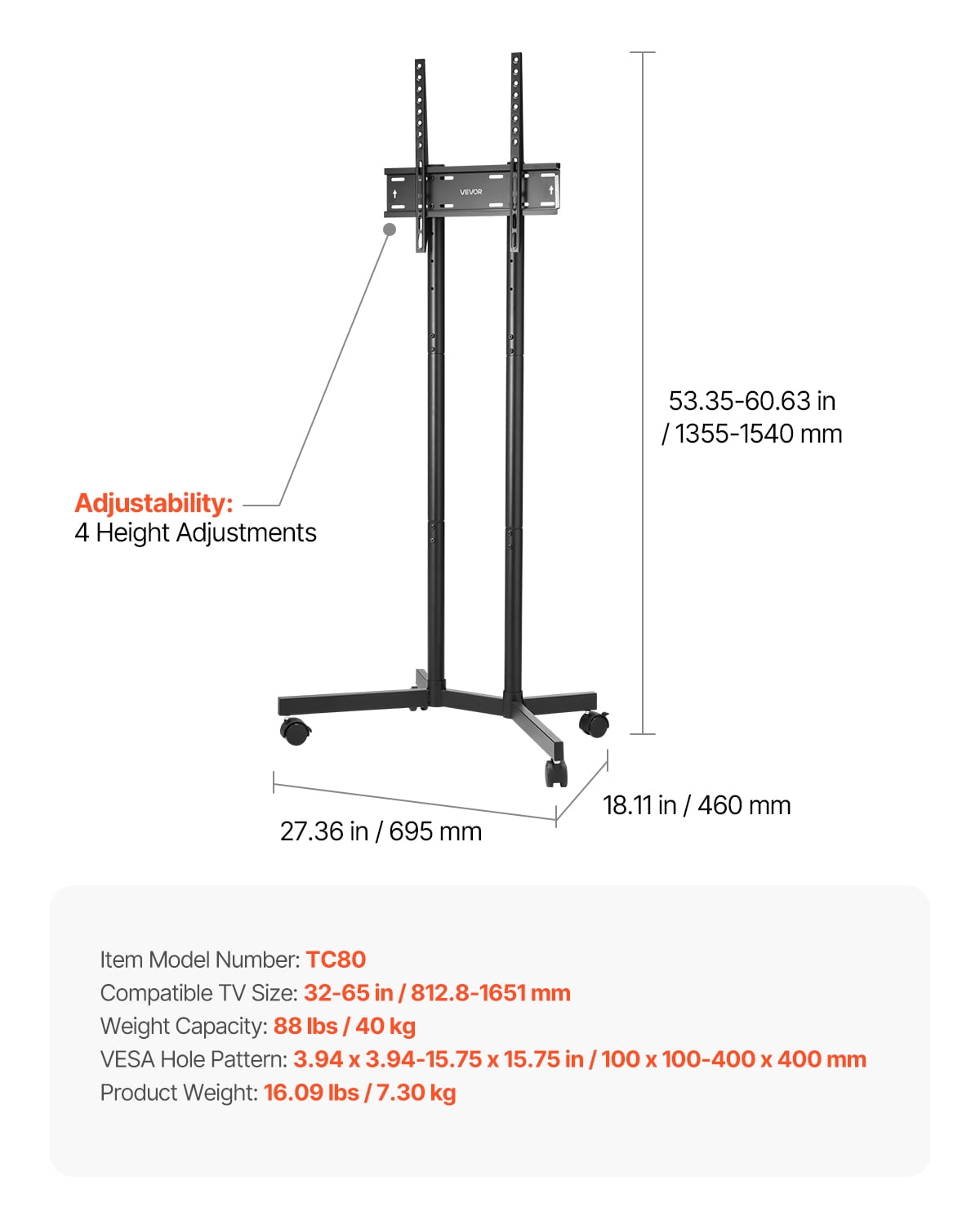 VEVOR Rolling TV Stand, Mobile TV Cart for 32-65 Inch Screens, Height Adjustable, Portable Monitor Stand with Wheels Holds up to 88 lbs for Living Room, Bedroom, Office, Outdoor, Max VESA 400x400mm