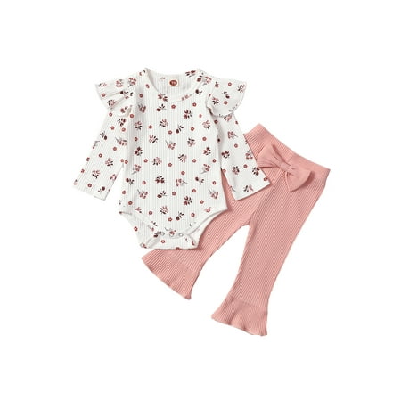 

Sunisery Newborn Infant Baby Girls Floral Clothes Long Sleeve Ruffle Romper Flared Pants Autumn Spring Outfits White Pink 18-24 Months
