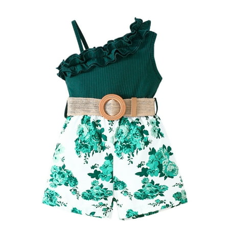 

OJinShaWanO Green Floral Dress Toddler Girls Summer Ruffles Sleeveless Floral Prints Ribbed Dress Clothes Green Cotton Blend 2-3 Years