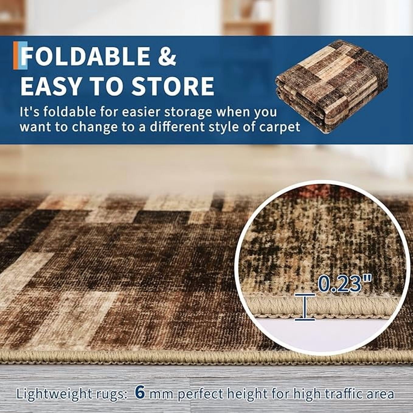 Living Room Rug 5x7, Machine Washbale Area Rugs Modern Geometric Patchwork Carpet Non-Slip Stain Resistant Farmhouse Door Mats Non-Shedding Foldable Rug for Dining Room, Bedroom, Brown