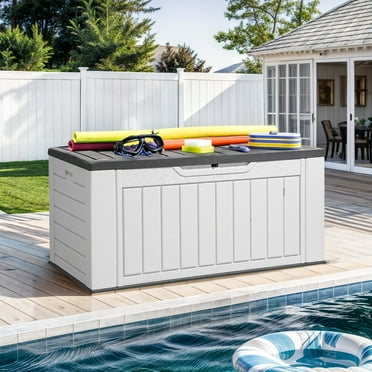 ModFusion 160 Gallon Outdoor Patio Deck Box – Waterproof & Durable, White/Gray Woodgrain Storage Organizer