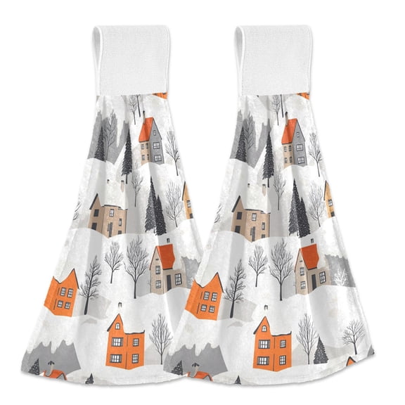 Yayeee Kitchen Hanging Hand Towels Set of 2 with Loop Bathroom Absorbent Tie Towel, Beige Snow Houses
