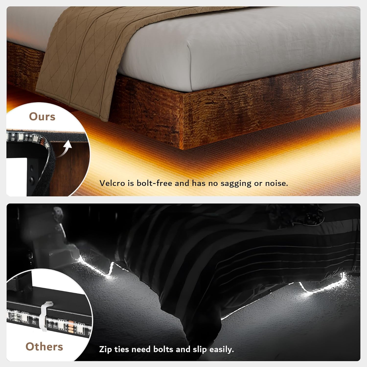 Honfach Floating King Size Bed Frame with LED Lights & Charging Station, Platform Bed with Wooden Storage Headboard, Steel Slats Support,Vintage Brown