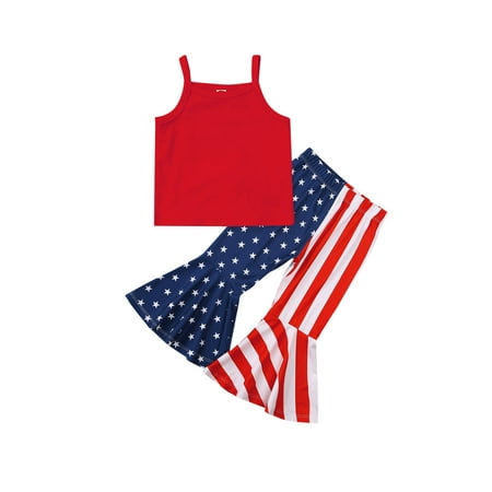 

aturustex American Flag Baby Girl Solid Color Boat Neck Spaghetti Strap Tank Top + Star Stripe Print Flared Pants 2 Pcs Outfits 4th of July