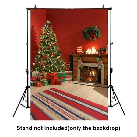 Image of GreenDecor 5x7ft Backdrop Fireplace and Christmas Tree Striped Carpet Indoor Background for Photography or Decoration