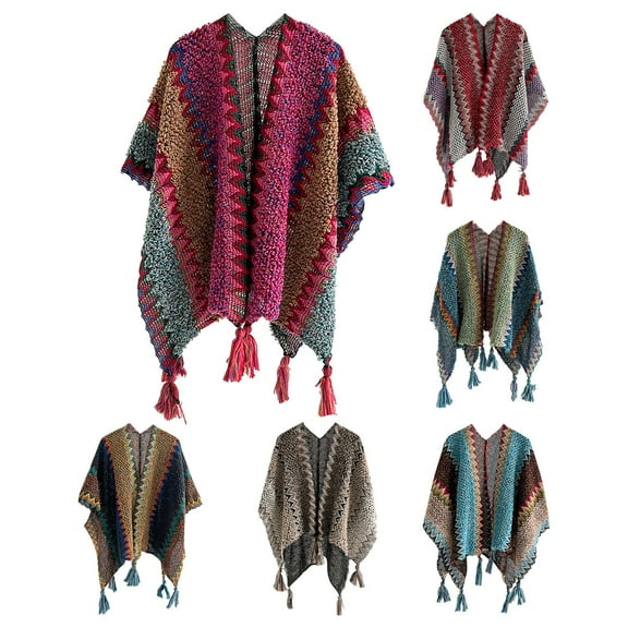 Women's Thickened Knit Scarf with Tassel Detail Retro Split Winter Shawl