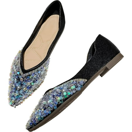 

Pfhytec LU Sparkly Dressy Flats for Women Pointed Toe Crystals Bridal Wedding Shoes Bow-Knot Comfortable Loafers Slip-ons Black Nude
