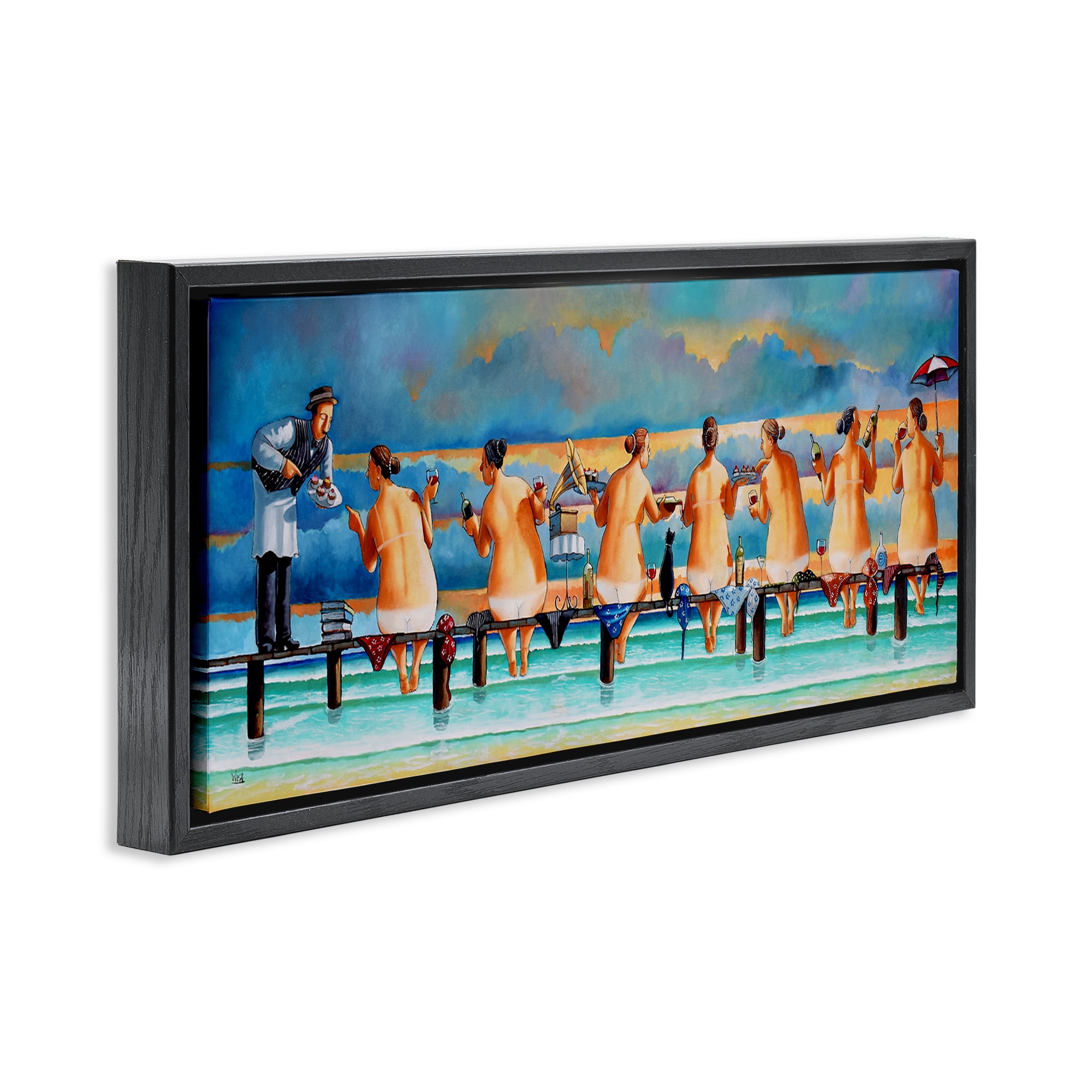 Stupell Industries Ladies Enjoying Beach Novelty Painting Black Floater Framed Canvas Art Print Wall Art, 25 x 11