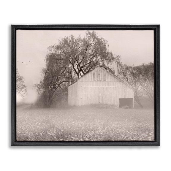 Stupell Industries Rustic Lodge Quaint Wildflower Meadow Countryside Barn Farmland Fog Black Floating Frame Canvas Art, 21 x 17, by Lori Deiter