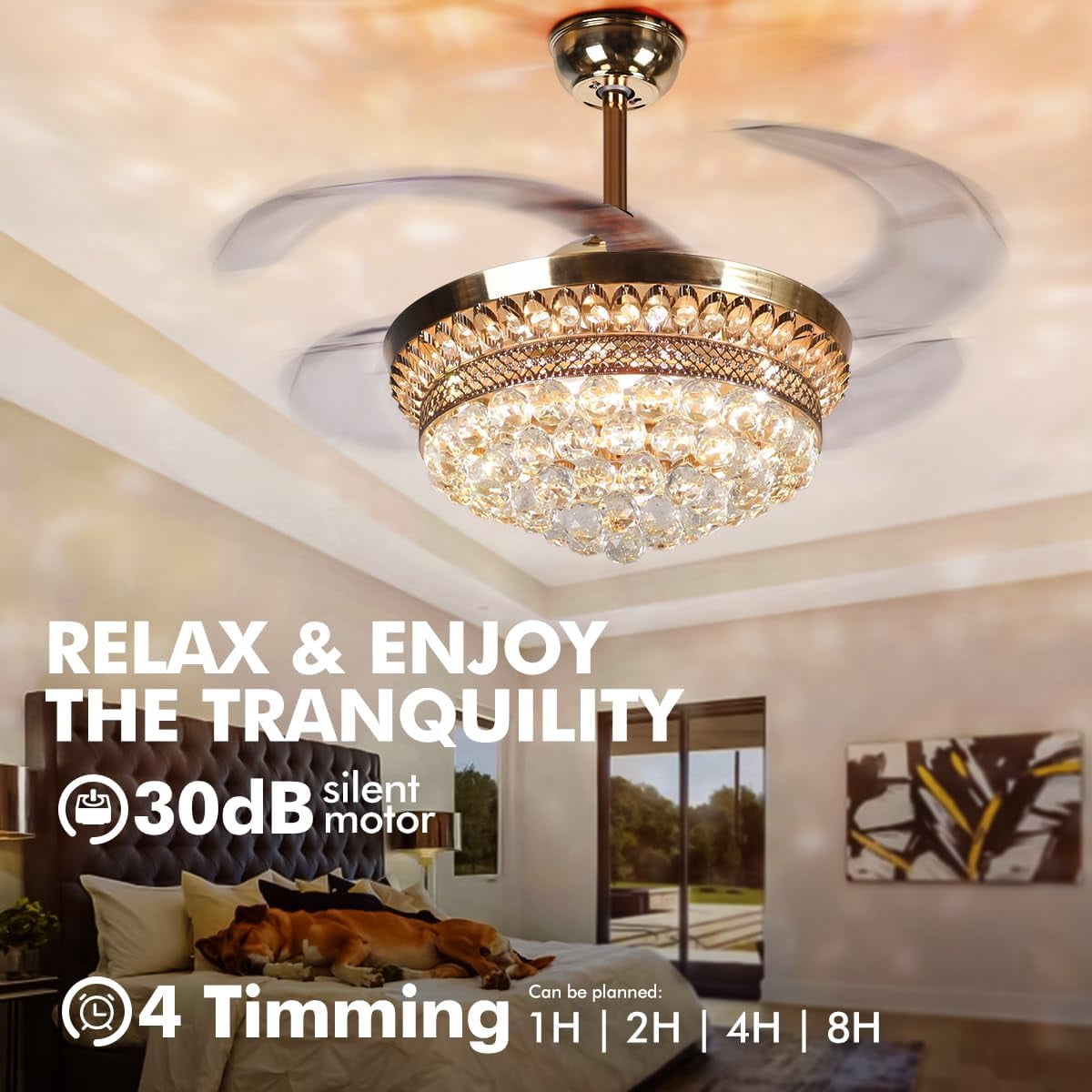 KPIBEST 42 inch Retractable Ceiling Fan Light with Remote Control French Gold Finish Fixtures, Modern Europe Luxury Crystal Chandelier Fans with 3 Lights Changes for Bedroom Living Room Restaurant
