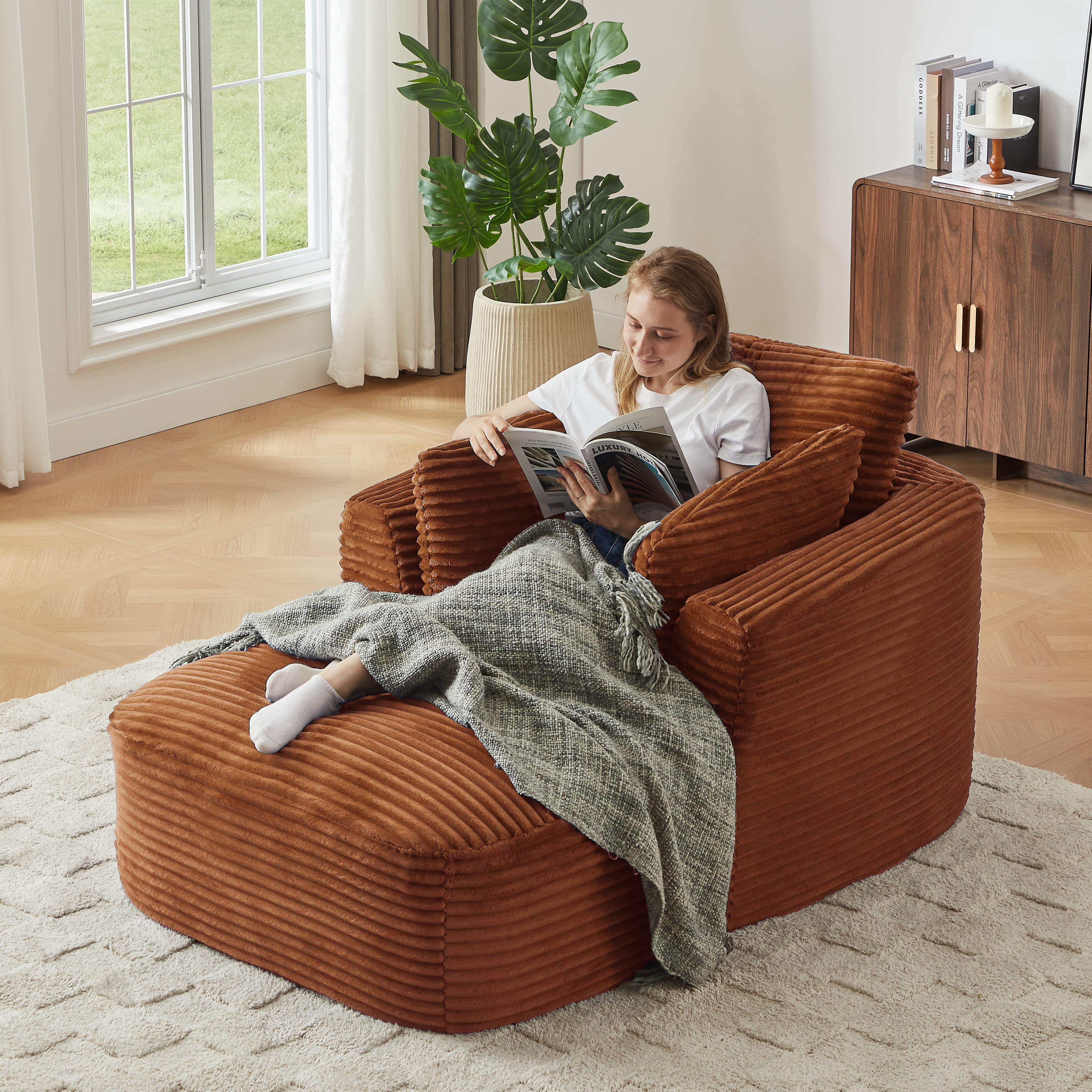 MAYEERTY Oversized Corduroy Chaise Lounge Sofa, Modern Couch with Spring Cushion for Apartment, 45*65*36"Orange