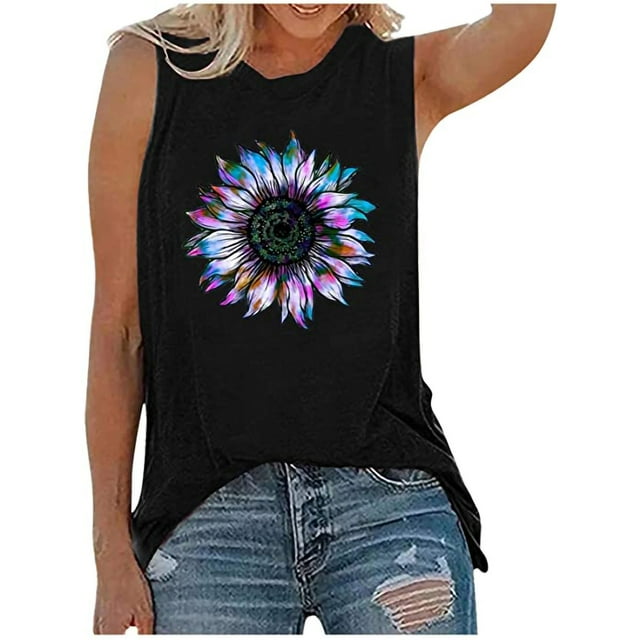 Birdeem Womens Tank Tops Casual Loose Fit Plus Size Sunflower Printed Tee Shirts