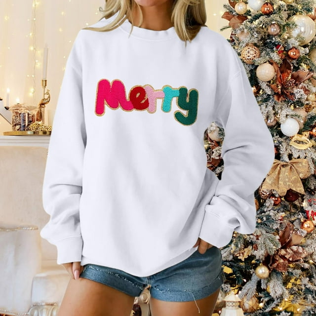 Chandails d'Hiver Grande Taille pour Femmes Chandail à Capuche Décontracté Imprimé de Noël Col Rond Manches Longues Blanc G
