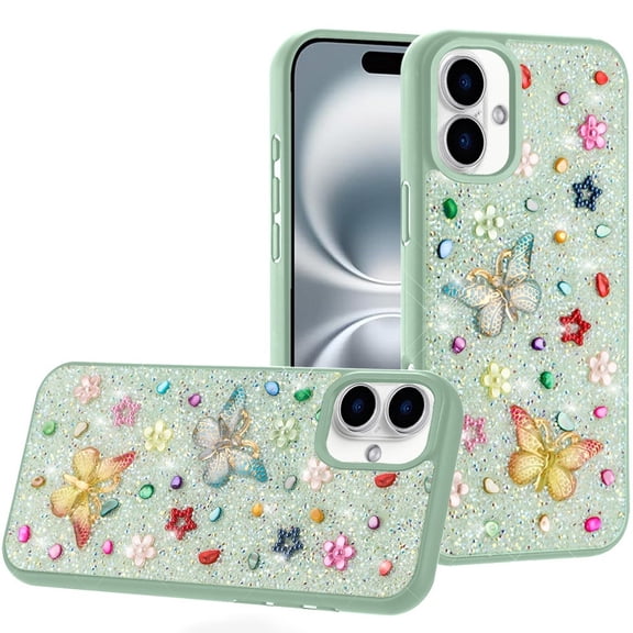 For iPhone 16 Plus 6.7 inch Butterfly Ornaments Diamond Bling Glitter Hybrid Case - Teal