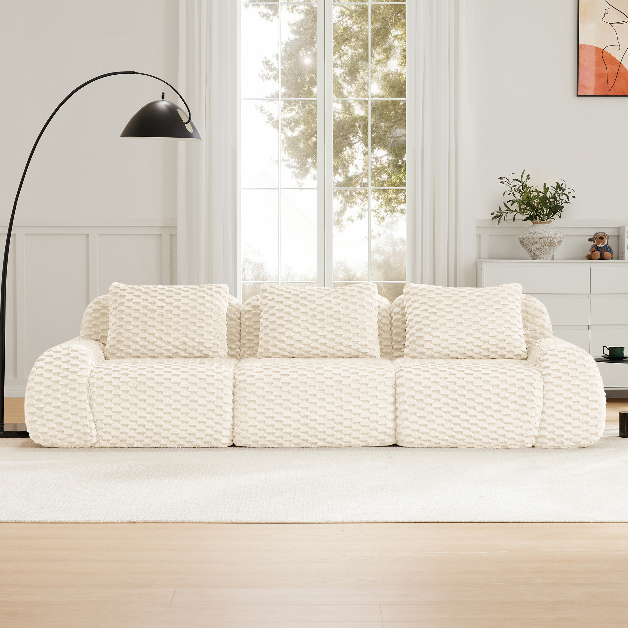 MAYEERTY 114" Modular Sectional Sofa, Textured Flannelette, Pet-Friendly, Deep Seat, No Assembly, Cream