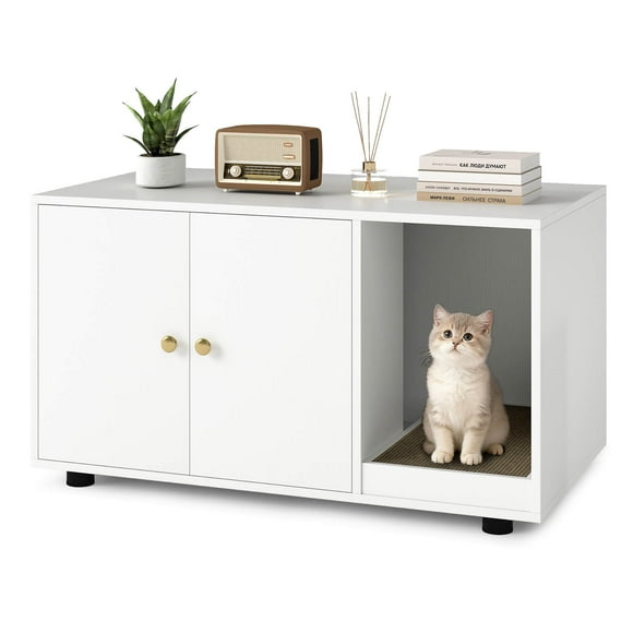 Costway Wooden Cat Litter Box Enclosure, Hidden Litter Box Furniture with Scratching Board White