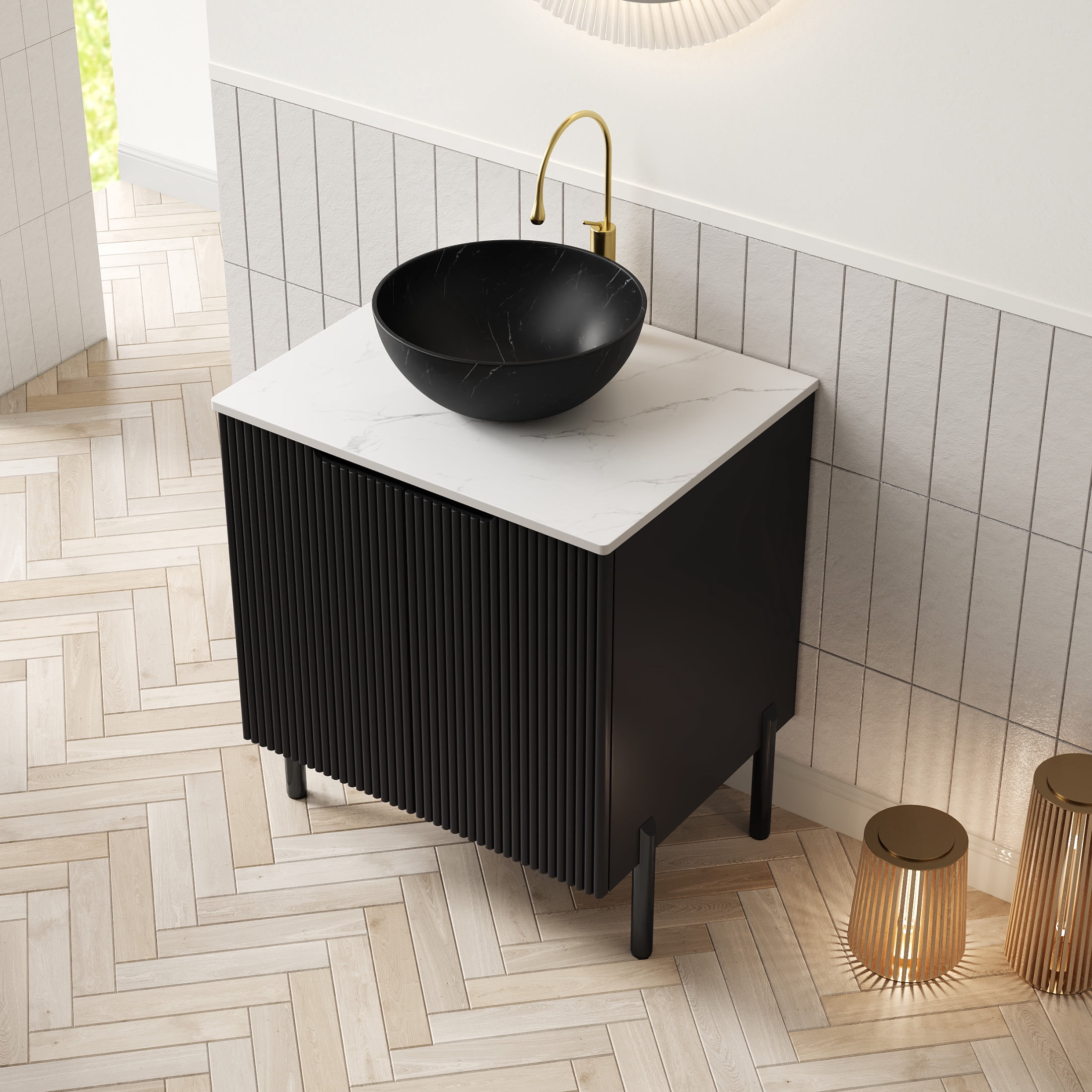Noble House TURIO 24" Bathroom Vanity with Sintered Stone Countertop, Storage Cabinet, Black Bowl Basin, Black
