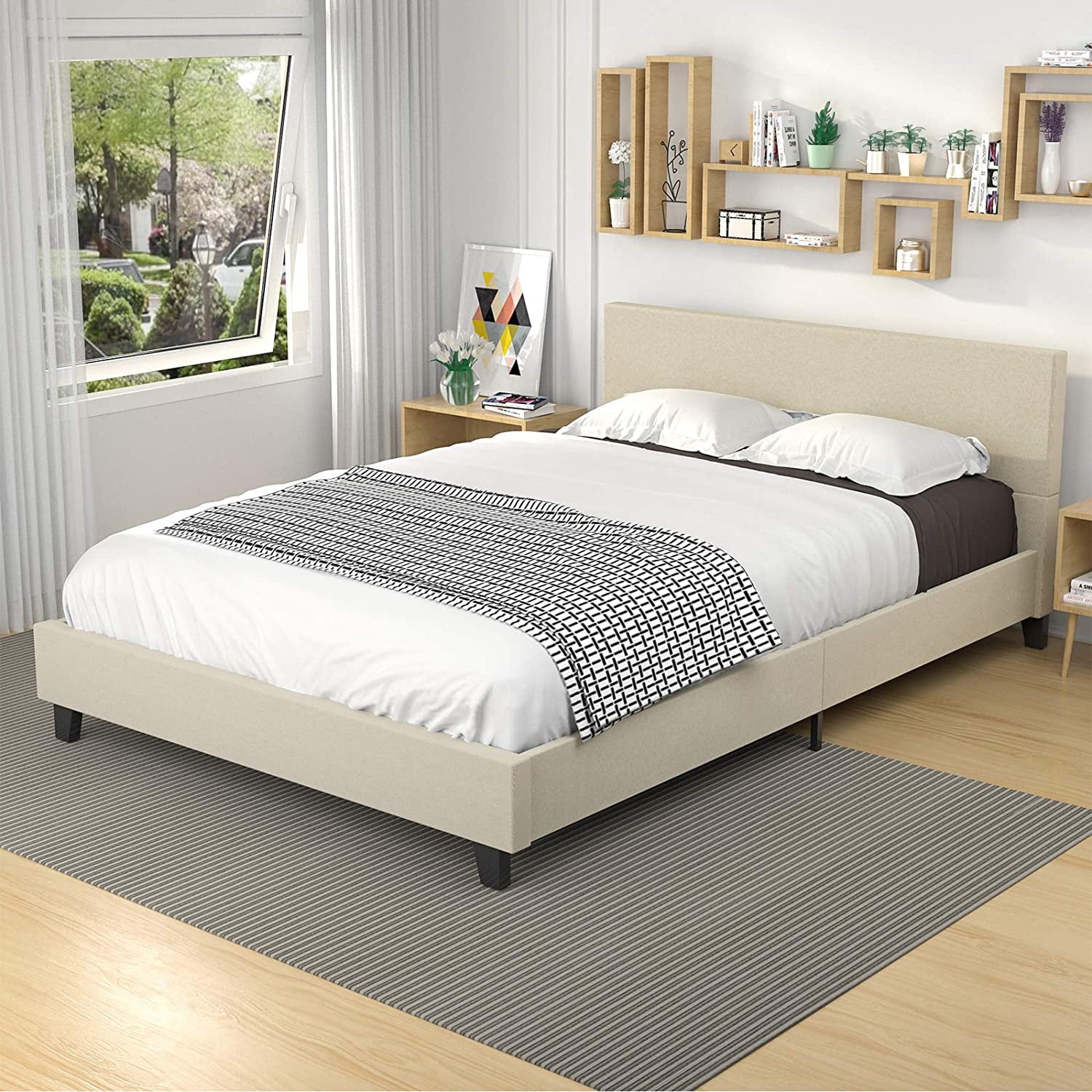 Mecor Upholstered Linen Full Size Platform Bed Metal Frame, Mattress