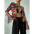 thumbnail image 3 of Coduop Women Tie Up Open Front Button Front Bell Long Sleeve Crop Top Shirt Top, 3 of 6