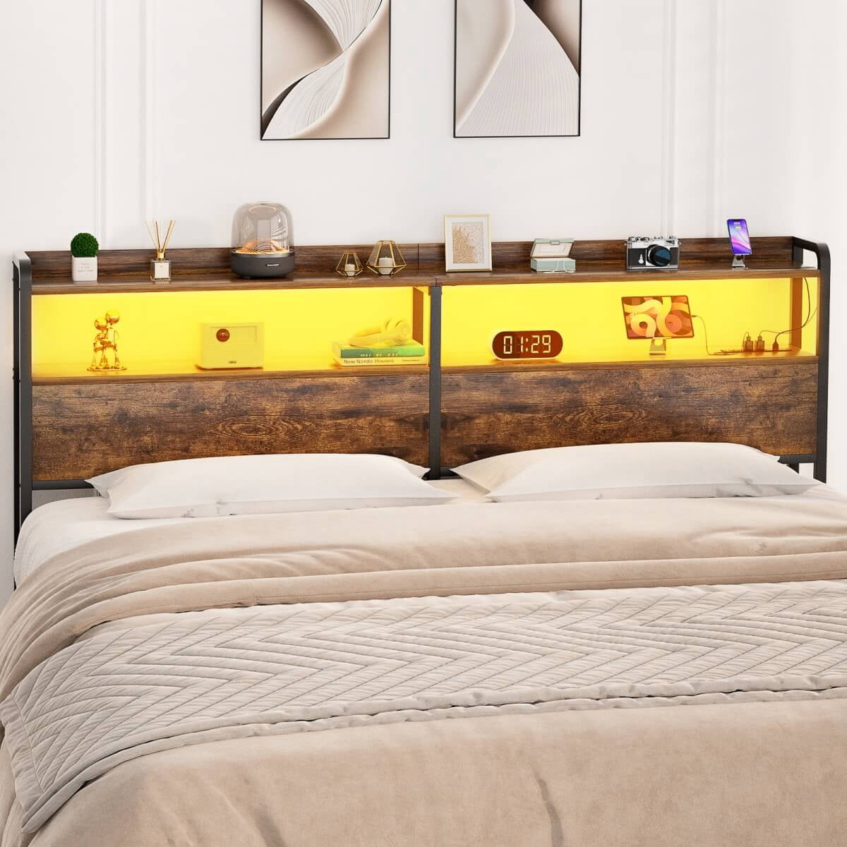 Homieasy Headboard for Queen Size Bed Frame, Headboards with Outlets, USB Ports and LED Light, Head Board with Storage, Height Adjustable, Sturdy and Stable Headboard, Rustic Brown