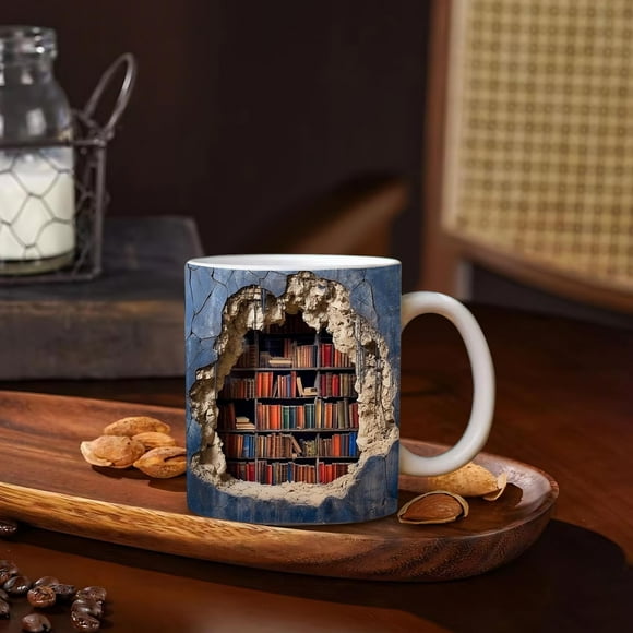 Suncoda Mug, 3 D Creatives Space Bookshelf Ceramic Mugs Study with Coffee Mugs for Book Lovers Gift