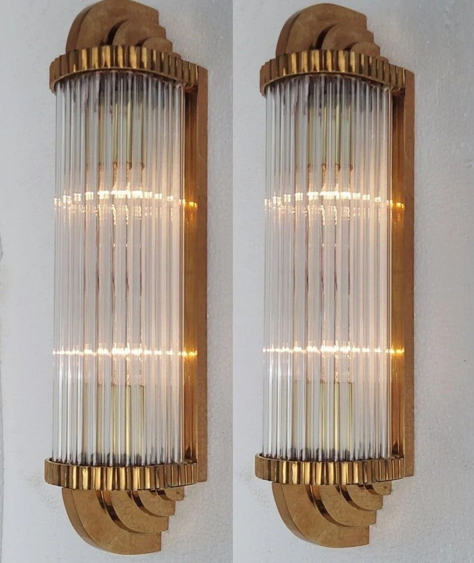 American Vintage Pair of Art Deco Wall Sconces Fixture, Antique Brass & Glass Rod Ship Lights