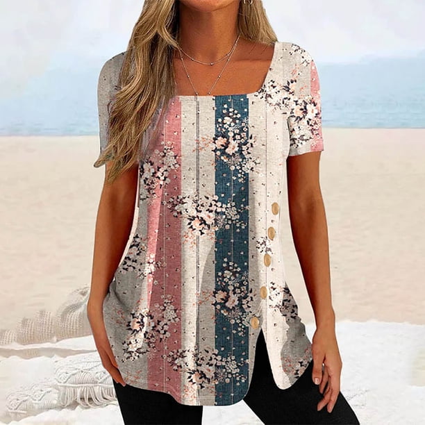 Puntoco moda mujer causal impresión blusa manga corta camiseta verano botón tops Puntoco Puntoco-2854
