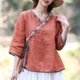 thumbnail image 2 of Lisingtool Women Cotton Linen Shirts Vintage Chinese Embroidery 3/4 Sleeve Casual Trendy Tops Loose V Neck Side Tie Slit Blouse Orange, 2 of 8