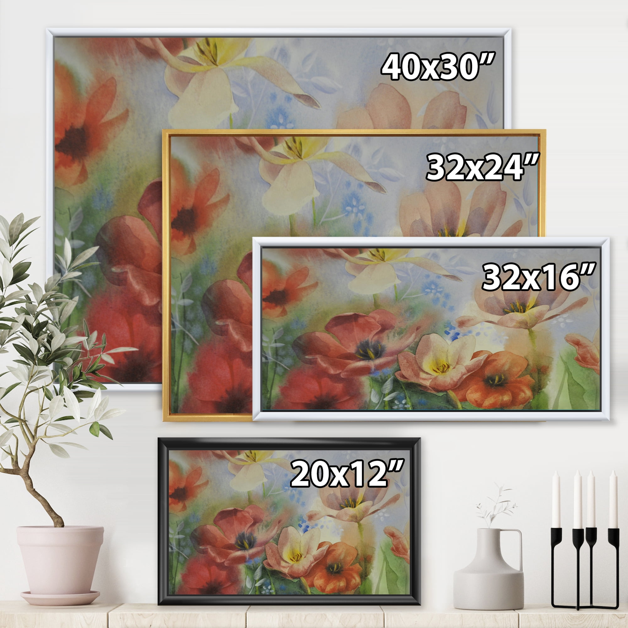 Ancient Flowers In Dark Pastel Colours 32 in x 16 in Framed Painting Canvas Art Print, by Designart