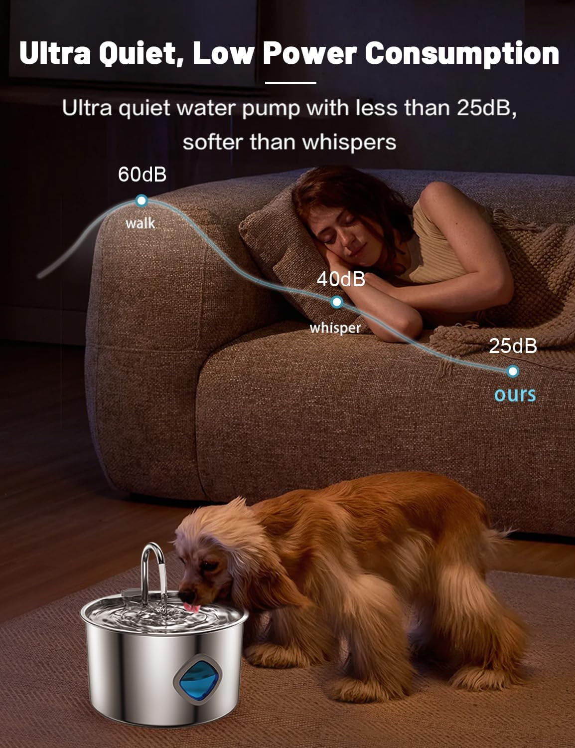 Stainless Steel Dog Water Fountain - Quad-Purification System, Continuous Circulating Flow, Quiet Operation & Easy-to-Clean