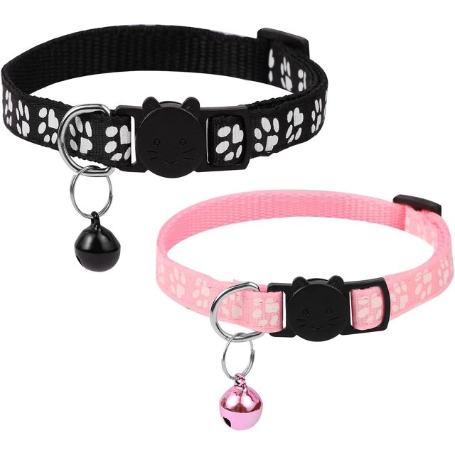 Collar reflectante para gatitos de 2 piezas, collar ajustable antiestrangulamiento para gatos, gatitos y cachorros con cascabel y hebilla de seguridad de 19 a 30 cm (rosa y negro)