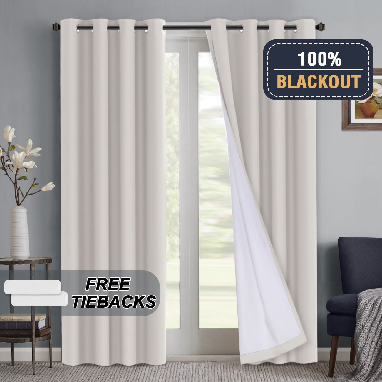 H Versailtex 100 Blackout Curtains For Bedroom Thermal Insulated Curtain Panels With Free Tiebacks Set Of 2 52 X 108 Inch Natural Walmart Com Walmart Com