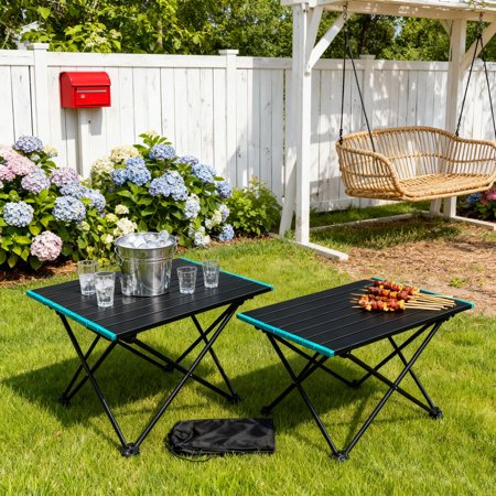 2-Pack Foldable Camping Tables Portable 16-Inch Light Aluminum Tables for Picnic Beach BBQ & Travel Includes Carry Bags