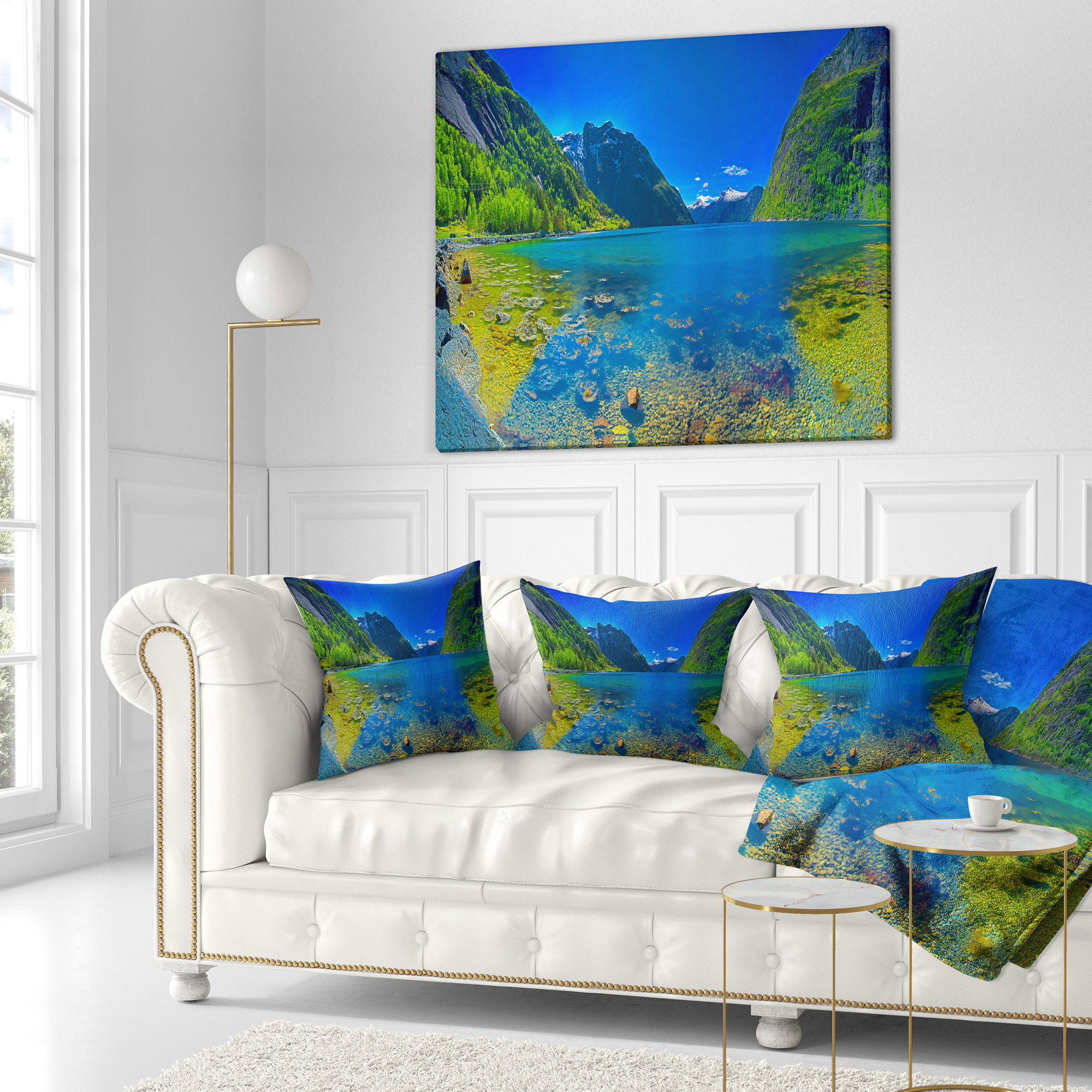 Designart Panoramic View of Norwegian Fjord - Landscape Printed Throw Pillow - 16x16