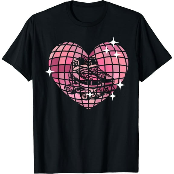 Cool Roller Skating Skate Girl 1970s Retro Disco Ball Heart T-Shirt