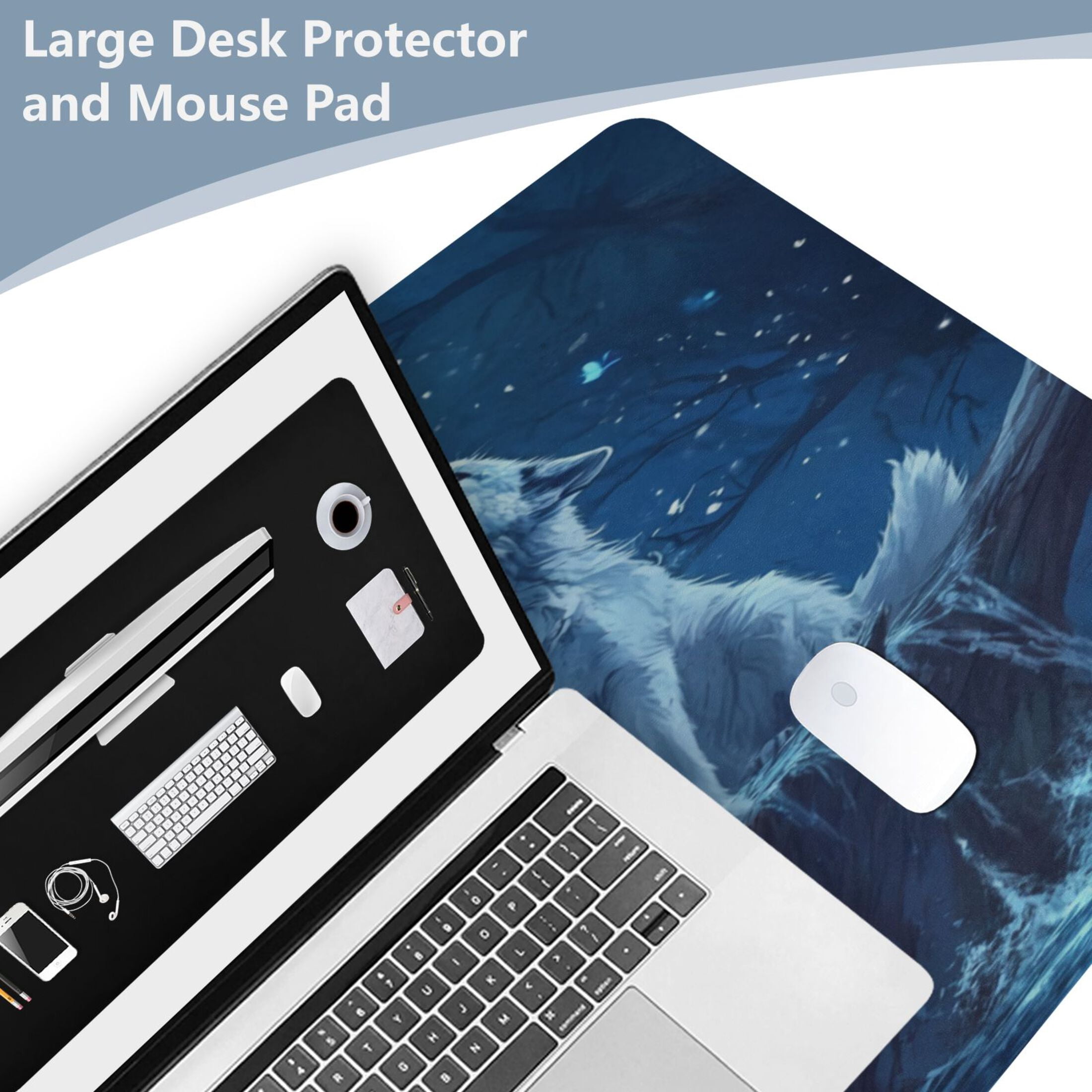 Leather Keyboard and Mouse Desk Mat Office Desk Accessories Protective Office Desk Decor Desk Pad Mat for Gaming, Work from Home, Office Three Blue Wolves 16.5" x 35.4"