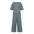 thumbnail image 4 of SXcggal Women 2 Piece Linen Outfit Sets Cotton Short Sleeve Shirt Wide Leg Trousers Pant Two Pieces Tracksuit Leisure Elegant Fashionable Women's Pants Set, 4 of 5