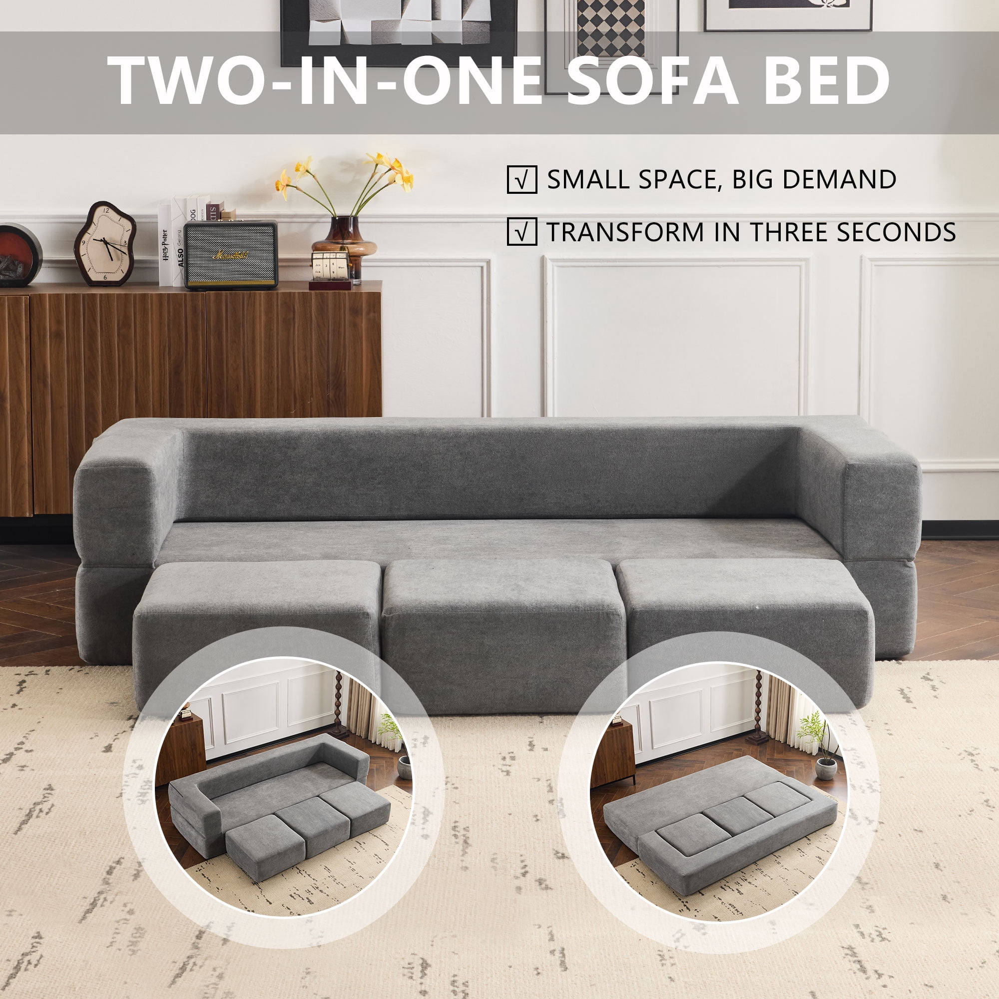 Modular Sofa Bed with 3 Detachable Ottoman Pieces, Convertible L-Shaped Sectional and Chaise Lounge for Small Apartments and Studios, Grey