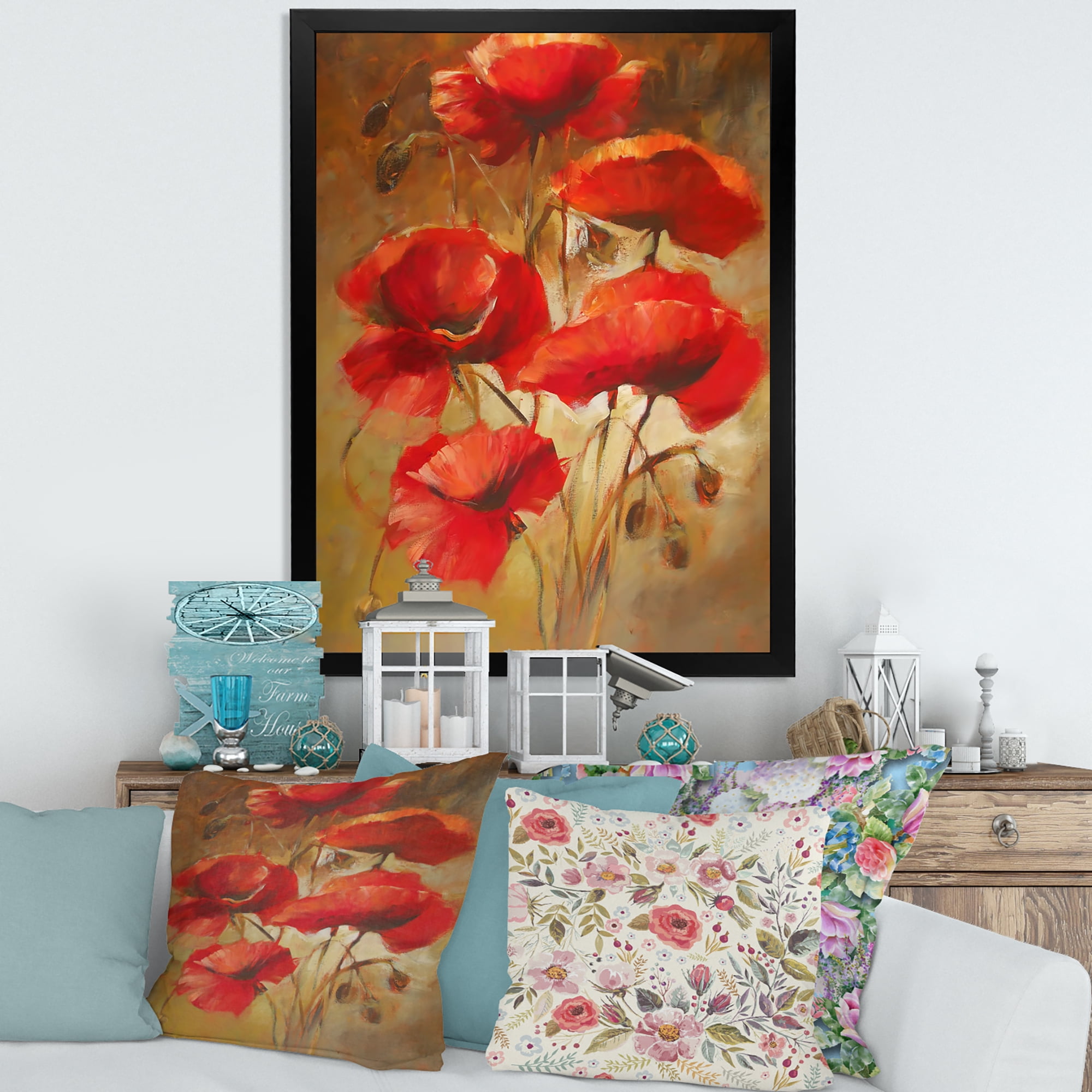 Designart 'Red Blossoming Poppies Over Wild Brown I' Traditional Framed Art Print