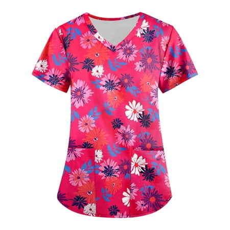 

Qcmgmg Medical Uniforms & Scrubs with Two Pockets Graphic Short Sleeve Uniform Shirts for Women V Neck Workwear Scrub Tops Women Stretchy Casual Loose Fit Cute Spring Blouses Hot Pink XL