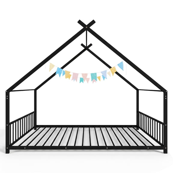 Full Size Metal House Bed Frame, Montessori Floor Bed with Safety Side Guard Rails, No Box Spring Needed, House-Shaped Platform Bed for Kids Toddlers Boys Girls, Black