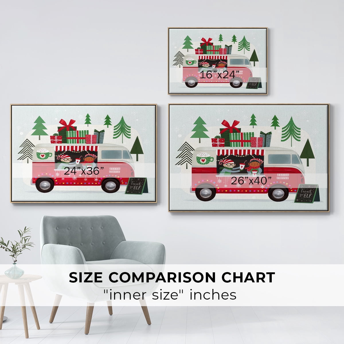 Santa's Foodtruck Collection A - Framed Gallery Wrapped Holiday Canvas - 17 x 25 - Natural Wood Frame
