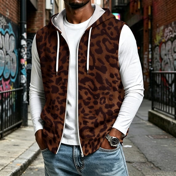 FENGYOU Mens Sleeveless Zip Up Hoodie Vest Casual Athletic Hooded Jacket with Leopard Print Lightweight Fleece Outerwear Brown 3XL